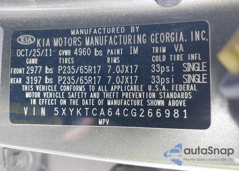 2012 Kia Sorento Lx from USA, damaged, VIN 5XYKTCA64CG266981